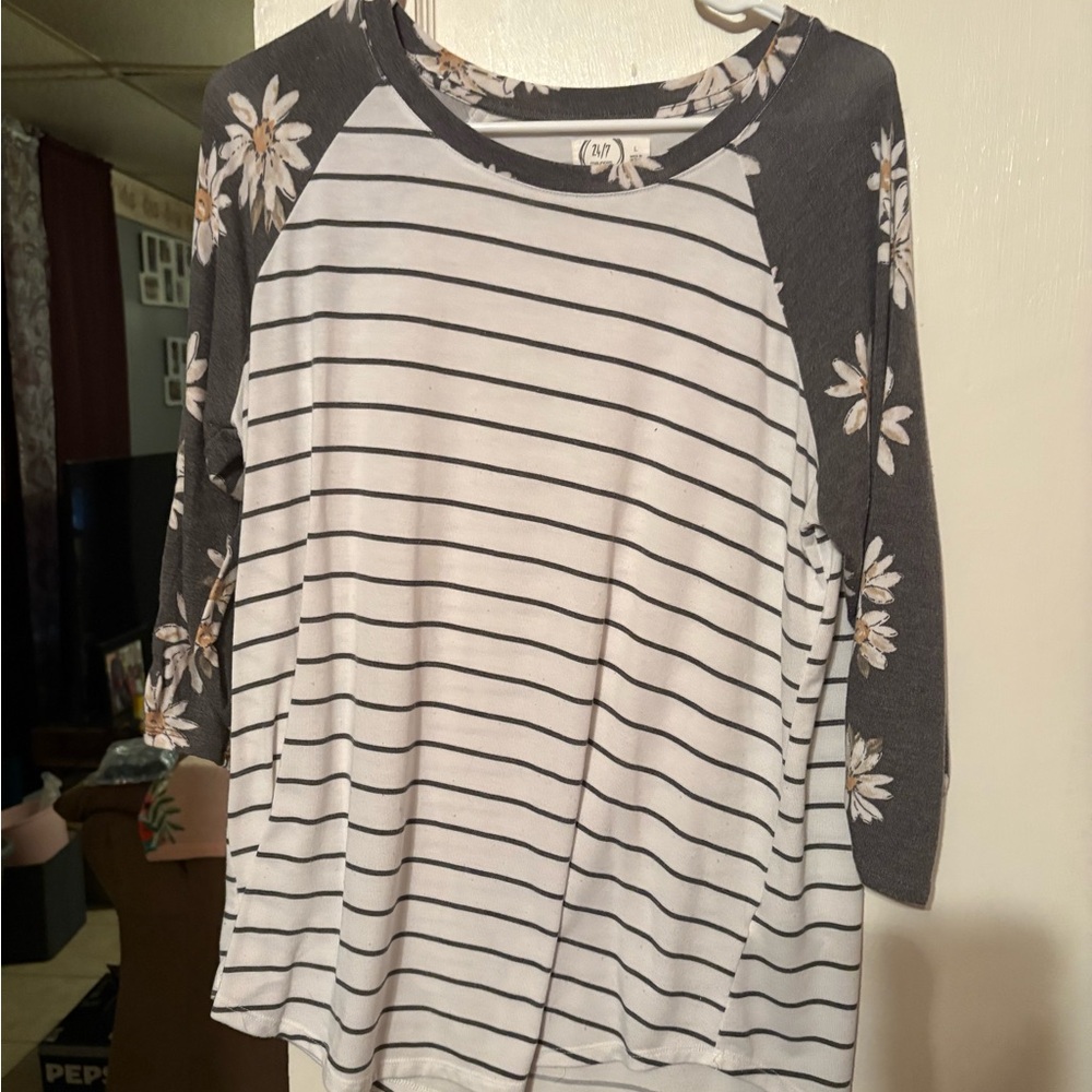 Maurices Black and White Striped Floral Sleeve Top